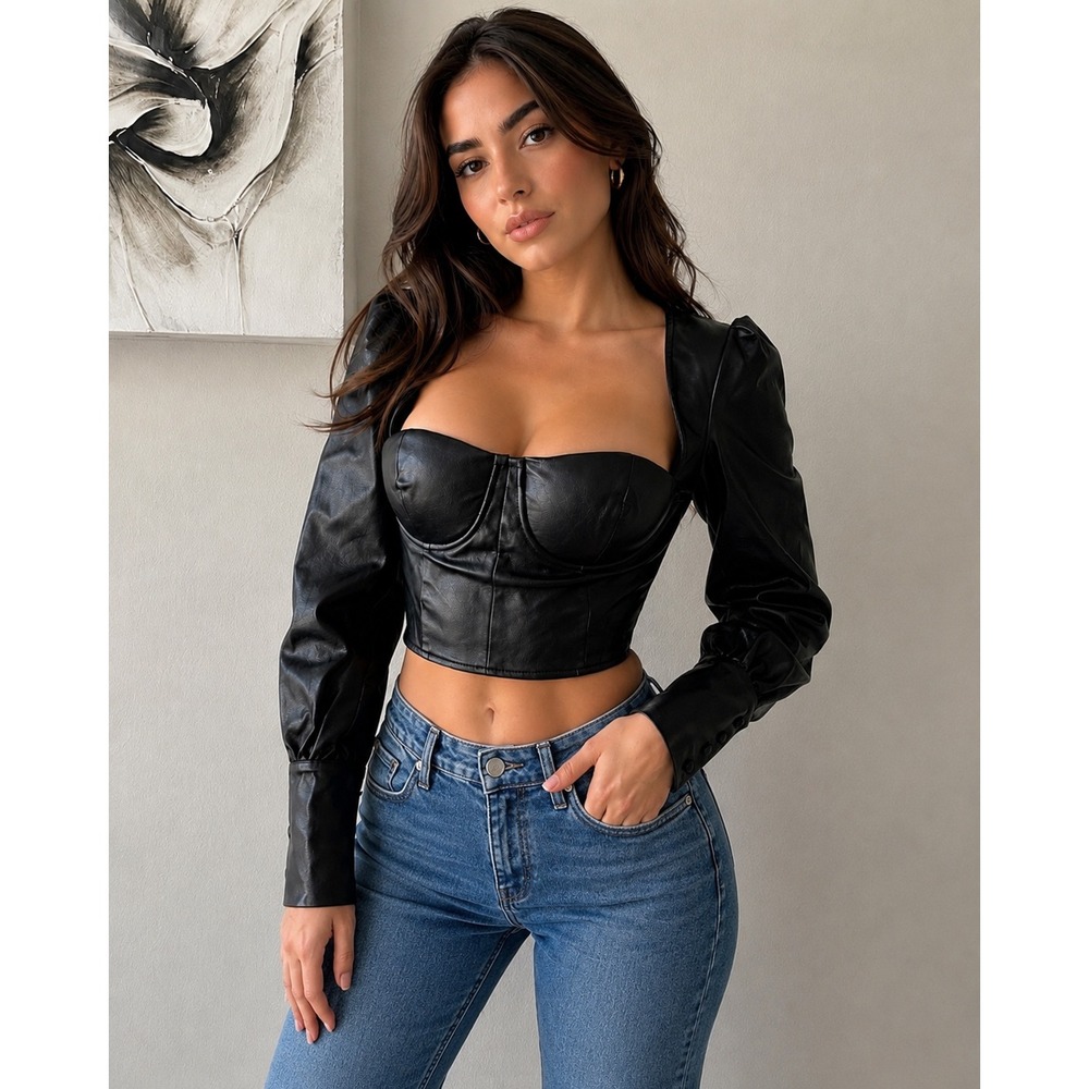 NBD Womens Black Faux Leather Puff Sleeve Corset Top Underwire Cropped Medium